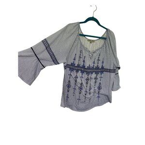Absolutely Famous Peasant Top White Blue Stripe with Design Womans 2X